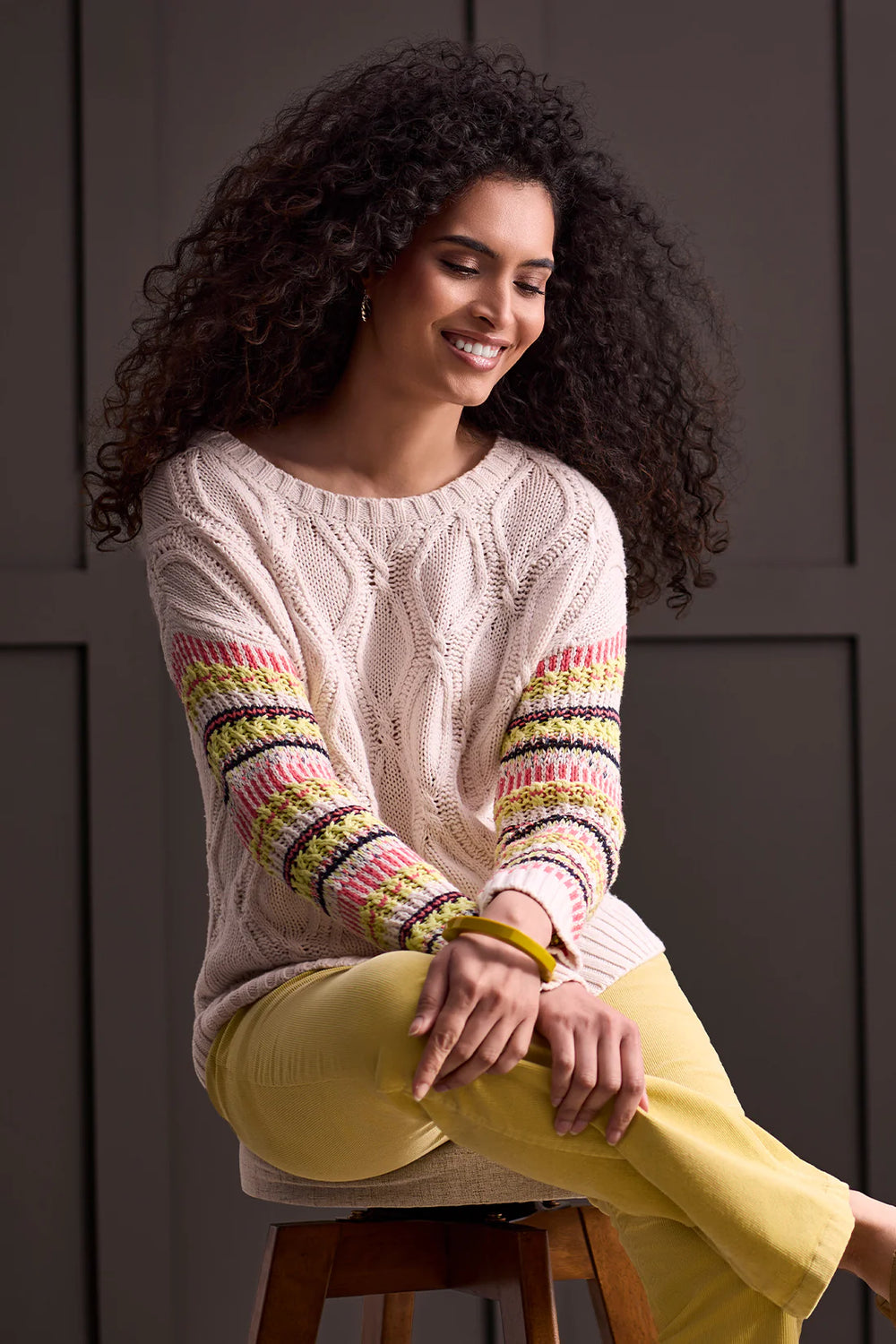 TRIBAL CREW NECK SWEATER WITH POINTELLE SLEEVE-Moonstone