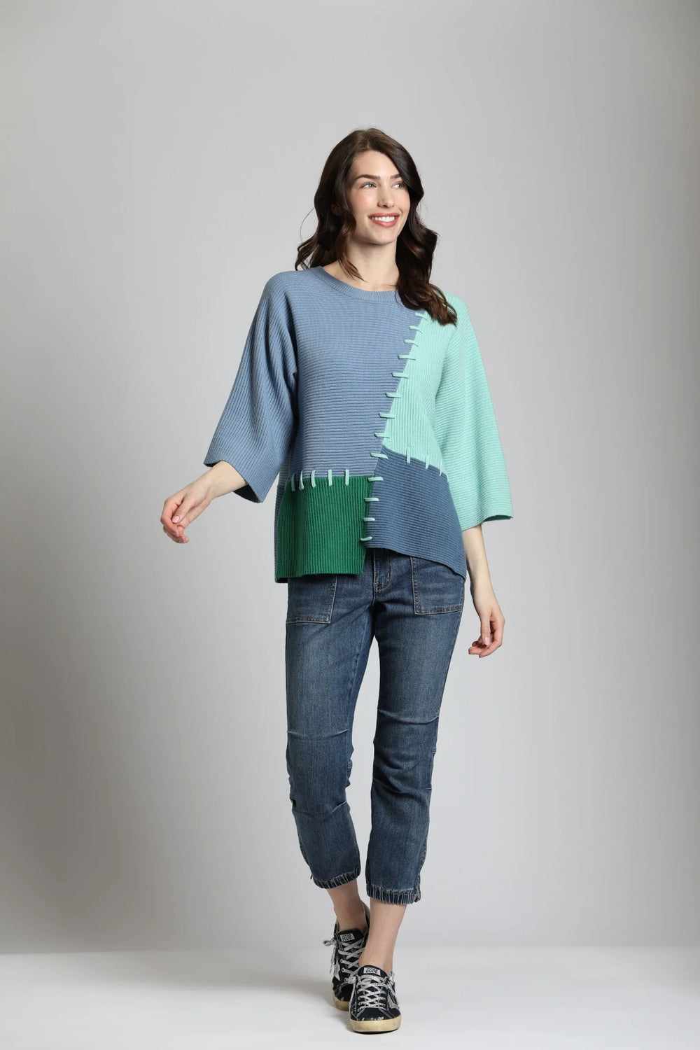 Super Soft Color Block Sweater w/3/4 Sleeve