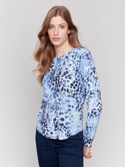 Charlie B Printed Frayed Edge Round Hem Sweater