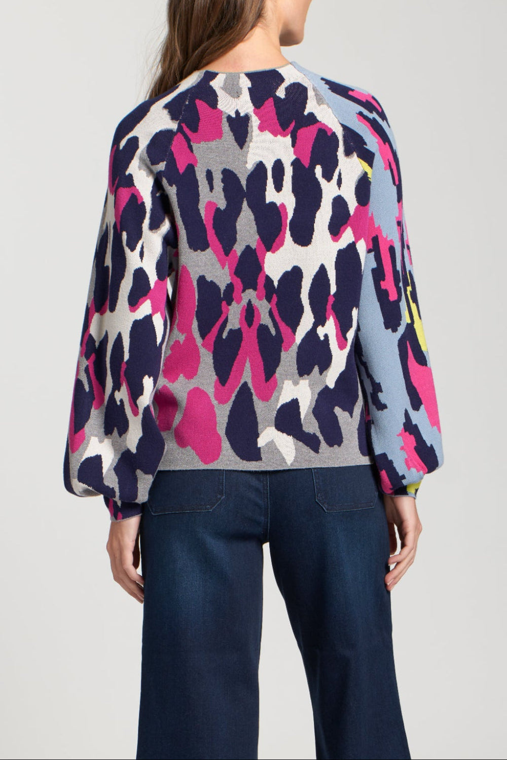 Leopard Funnel Neck Sweater With Puff Sleeve