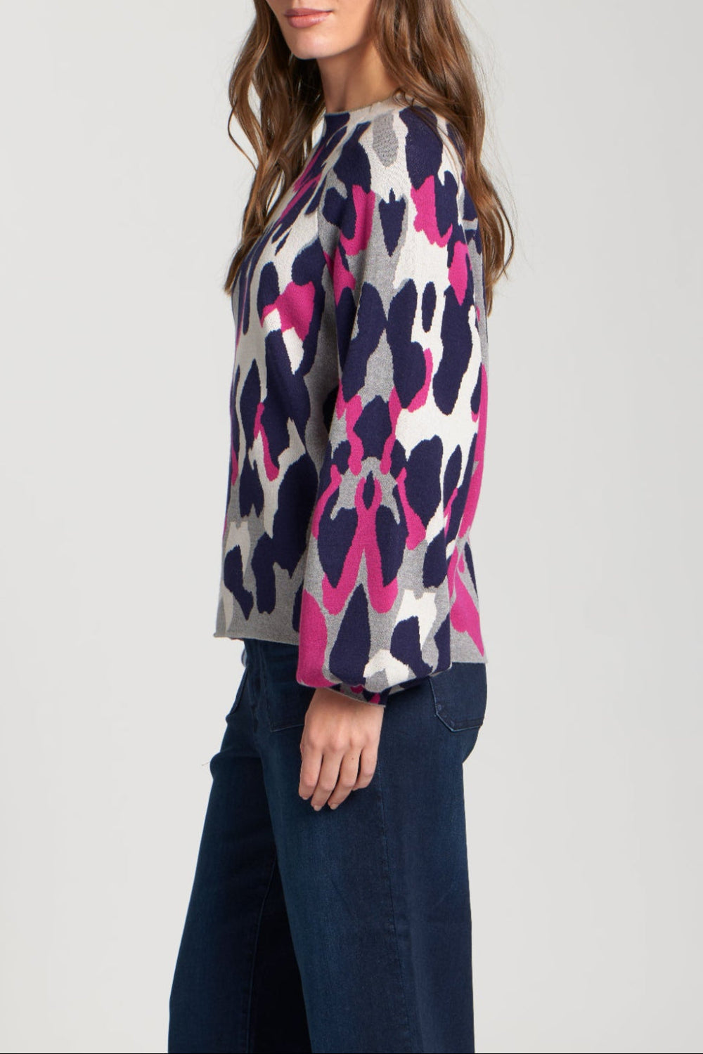 Leopard Funnel Neck Sweater With Puff Sleeve