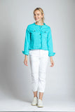 APNY Collarless Jean Jacket with Frayed Detail in Turquoise