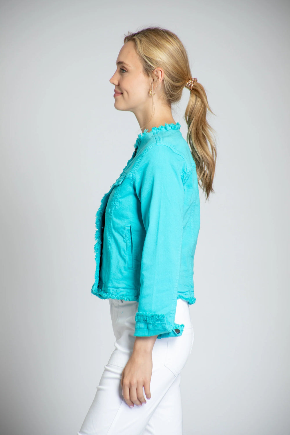 APNY Collarless Jean Jacket with Frayed Detail in Turquoise