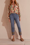 Tribal Pull On Embroidered Hem Ankle Jeans