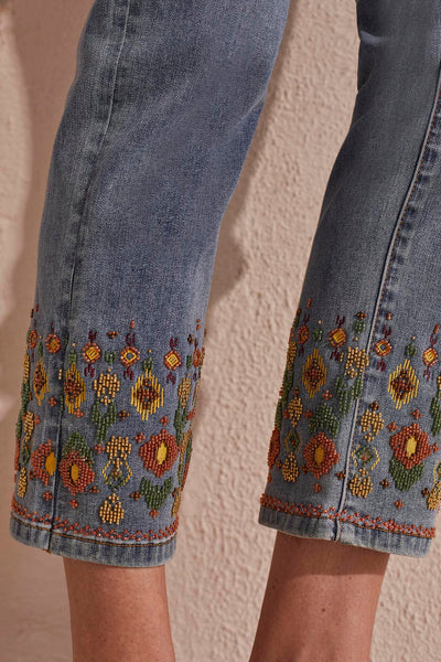 Tribal Pull On Embroidered Hem Ankle Jeans