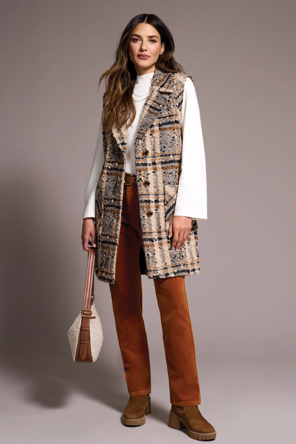 Textured Plaid Wide Notch Collar Long Vest