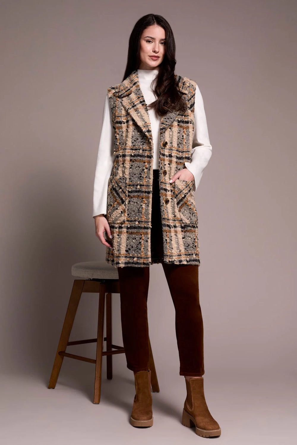 Textured Plaid Wide Notch Collar Long Vest