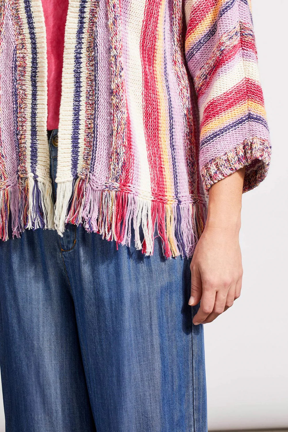 TRIBAL FRINGED HEM CARDIGAN WITH THREE-QUARTER SLEEVES