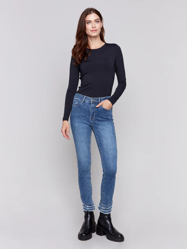 SLIM FIT ANKLE JEANS WITH FRAYED HEM