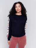 CHARLIE B NAVY SWEATER WITH CROCHETED SLEEVES