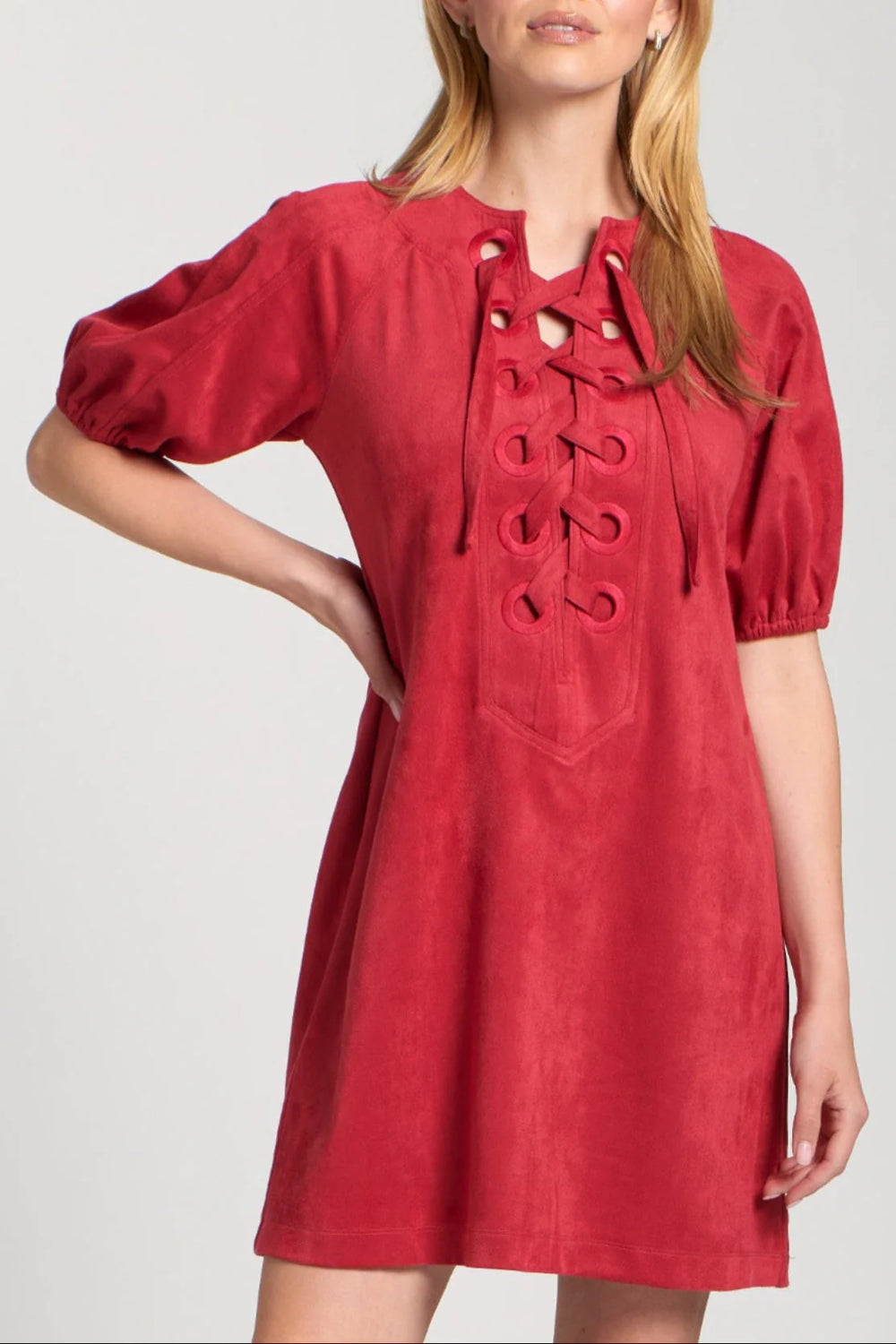 Vegan Suede Lace-Up Puff Sleeved Dress