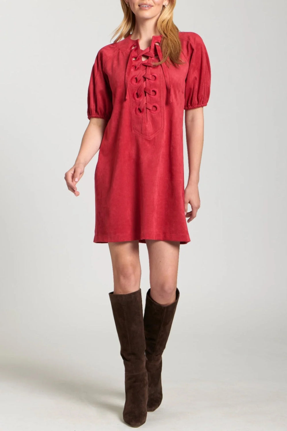 Vegan Suede Lace-Up Puff Sleeved Dress