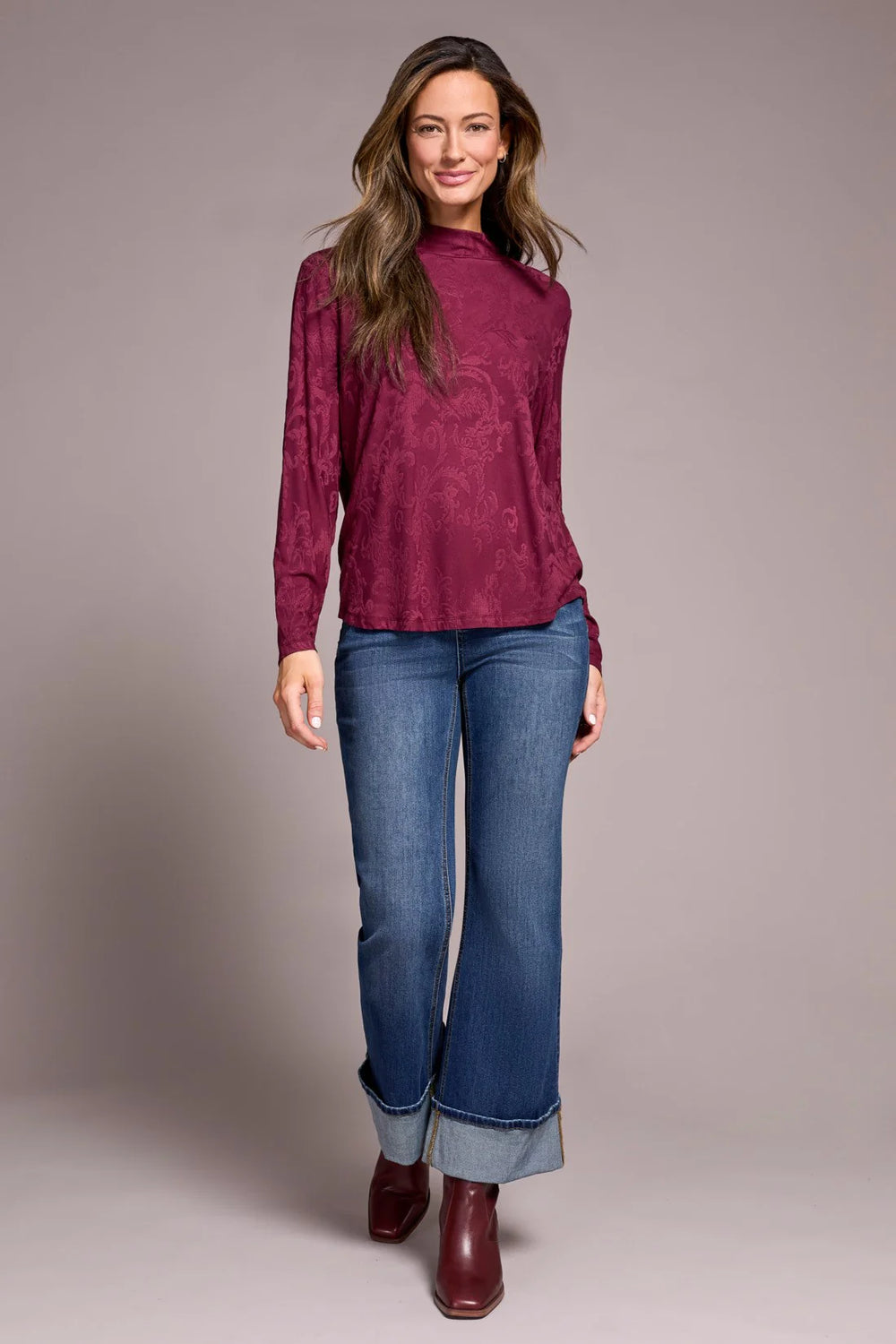 Jacquard Knit Long-Sleeve Mock Neck Top