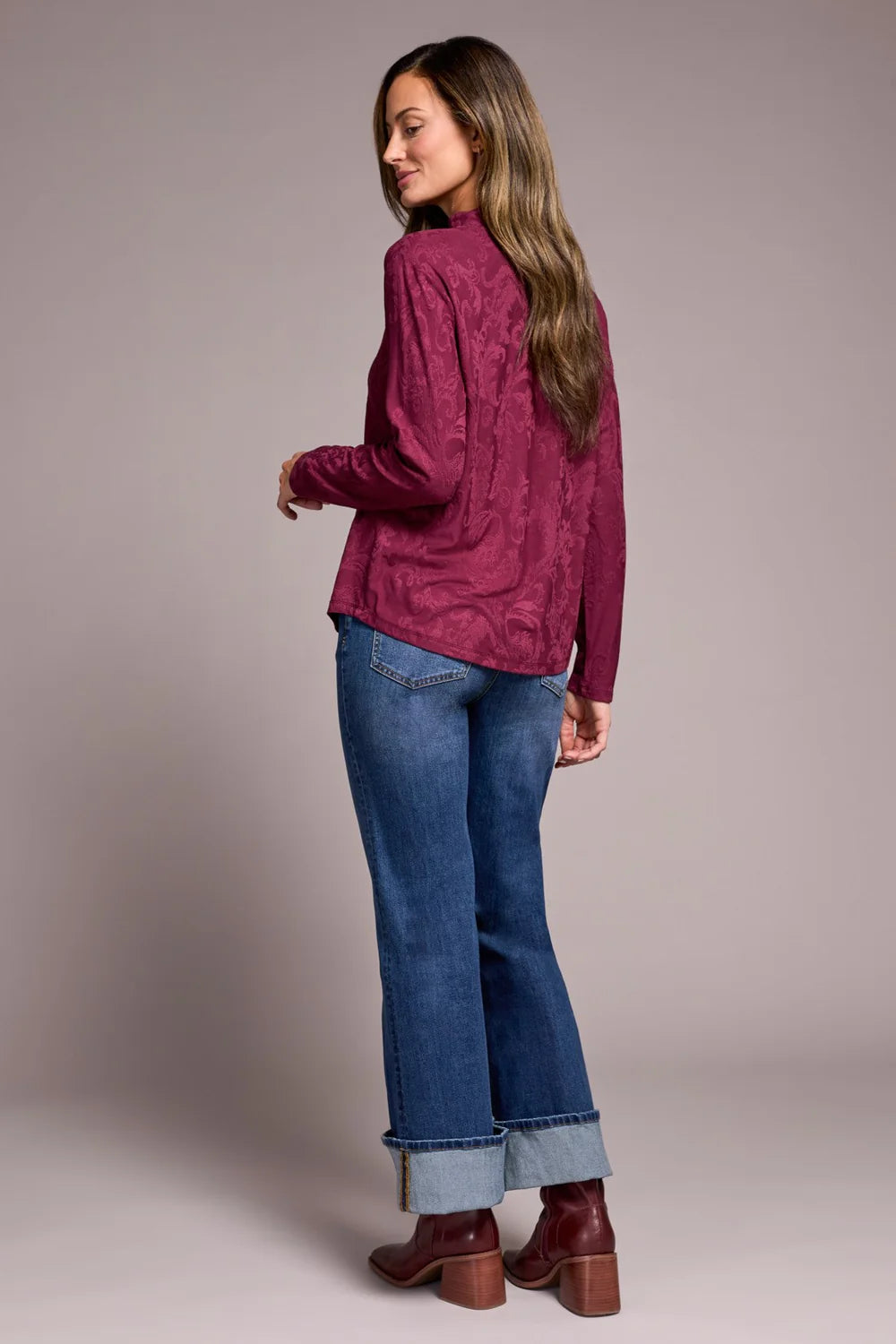 Jacquard Knit Long-Sleeve Mock Neck Top
