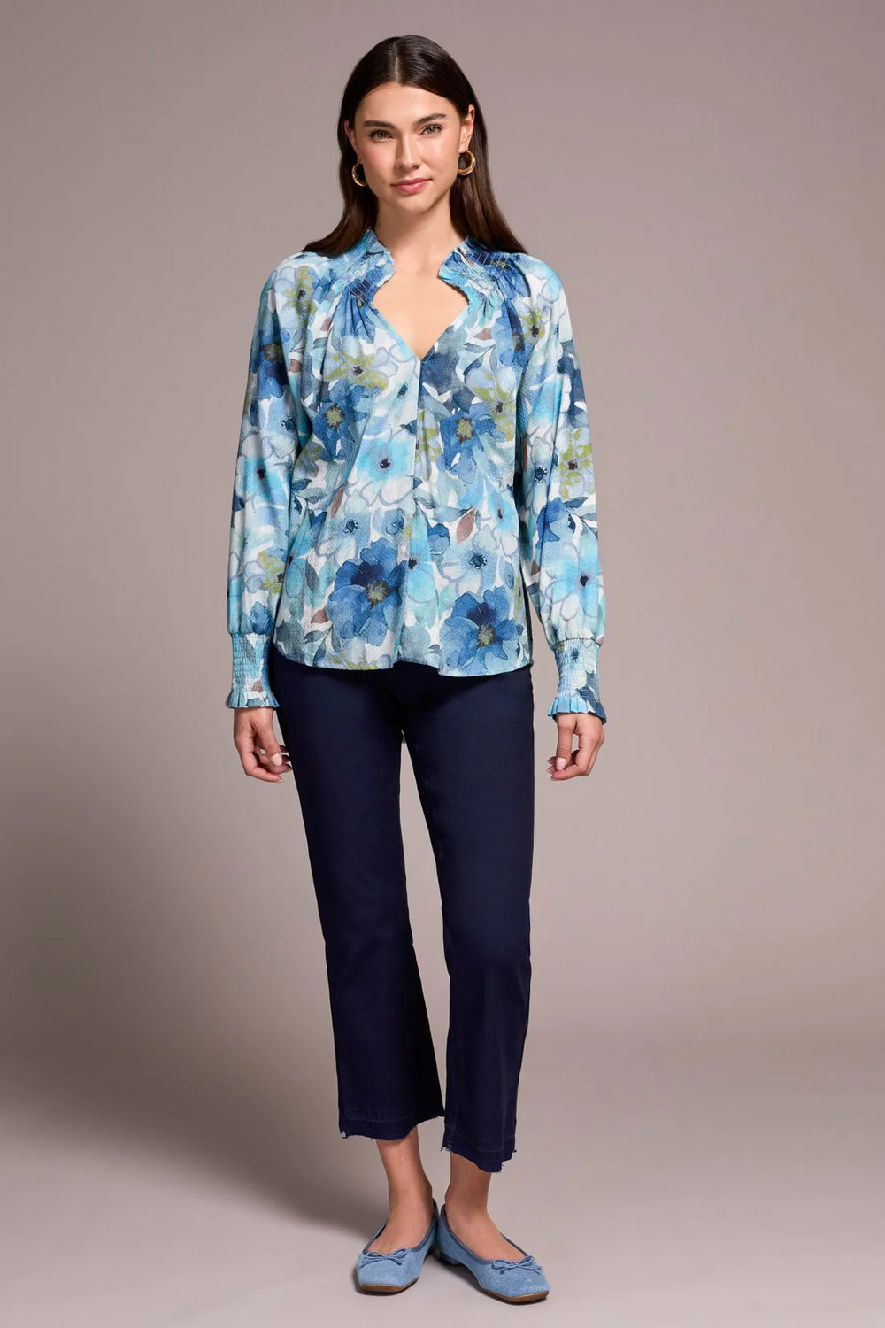 Printed Textured Cotton Smocked V-Neck Blouse