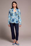 Printed Textured Cotton Smocked V-Neck Blouse