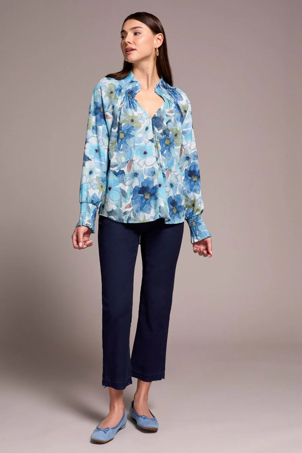 Printed Textured Cotton Smocked V-Neck Blouse