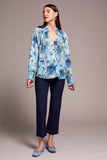 Printed Textured Cotton Smocked V-Neck Blouse