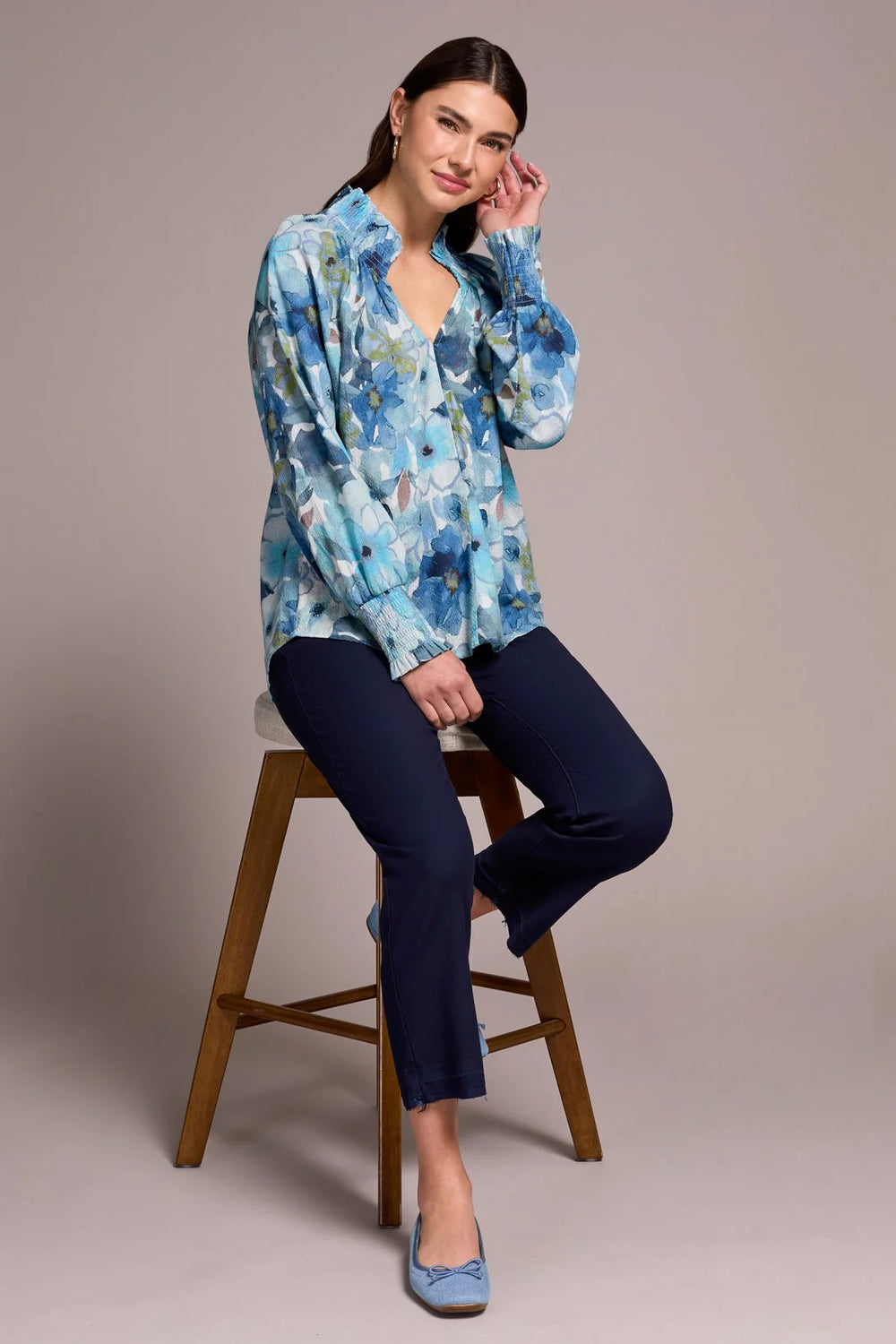Printed Textured Cotton Smocked V-Neck Blouse