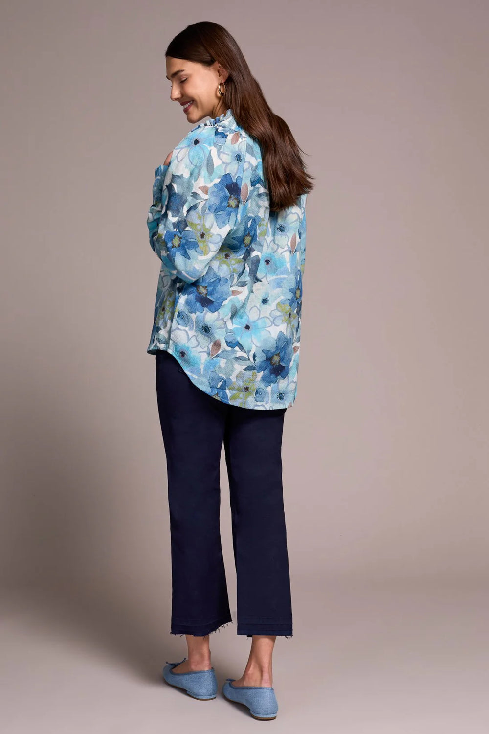 Printed Textured Cotton Smocked V-Neck Blouse