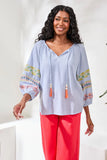 Embroidered Balloon Sleeve Tassel Top