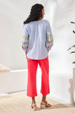 Embroidered Balloon Sleeve Tassel Top