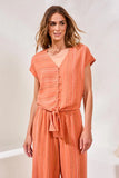 Textured Linen Short Sleeve Tie-Front Top